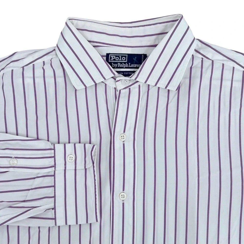 Polo Ralph‎ Lauren Button Down Mens 17-35 White Purple Striped Classic Vintage